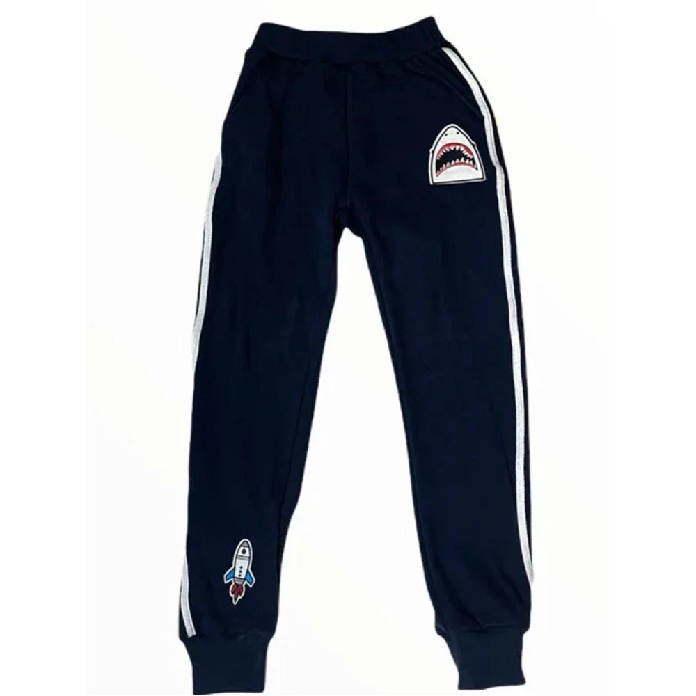 Lola + The Boys Kids Long Sleeve Embroidered Varsity Patch l Blue Jogger Set. 8